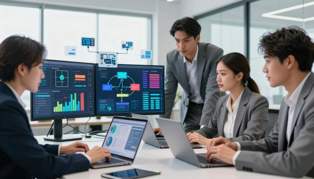 A close-up scene showcasing a professional workspace dedicated to data integration. In the foreground, a diverse group of three professionals—two women and one man—dressed in business attire, enthusiastically collaborating around a sleek table filled with laptops, tablets, and data charts. The middle layer features colorful digital screens displaying graphs and data flow diagrams, symbolizing data hygiene and integration, while small icons of interconnected systems hover above. In the background, a bright office environment with large windows allows natural light to flood the space, creating a productive atmosphere. The mood is dynamic and focused, conveying a sense of urgency and teamwork. Use soft lighting to enhance clarity and sharpness, simulating a wide-angle lens for a comprehensive view of the scene.