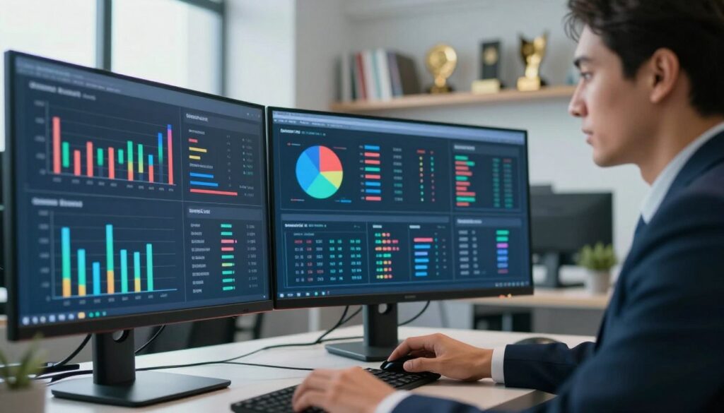 A close-up view of a modern office workspace, showcasing digital metrics and analytics on multiple sleek screens. In the foreground, a business professional in a tailored suit is examining displayed graphs and charts with a focused expression, demonstrating engagement with the data. In the middle, the screens present colorful bar graphs, pie charts, and real-time data streams, illuminated with soft ambient lighting, emphasizing clarity and importance. The background features shelves with organized books and awards, creating a sense of achievement and progress. The overall atmosphere is one of productivity and innovation, with bright, natural light streaming through large windows, casting a motivating glow. The image has a sharp focus, with a slight depth of field that blurs the background lightly.
