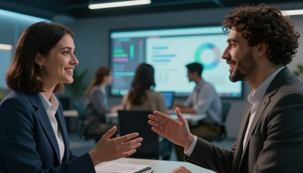 A dynamic scene depicting virtual networking conversations among a diverse group of professionals in a modern virtual event setting. In the foreground, a close-up of two engaged individuals, one wearing a sharp business suit and the other in smart casual attire, both smiling and actively gesturing as they discuss. The middle ground features additional participants in a well-decorated virtual environment, with highlights of digital interfaces displaying graphs and charts subtly blurred behind them. The background fades into a softly lit virtual conference room with muted blue and green digital tones, creating an inviting atmosphere for networking. Soft lighting casts gentle shadows, enhancing the professional yet relaxed mood, while the angle captures an intimate view, inviting the viewer into the conversation. A dynamic scene depicting virtual networking conversations among a diverse group of professionals in a modern virtual event setting. In the foreground, a close-up of two engaged individuals, one wearing a sharp business suit and the other in smart casual attire, both smiling and actively gesturing as they discuss. The middle ground features additional participants in a well-decorated virtual environment, with highlights of digital interfaces displaying graphs and charts subtly blurred behind them. The background fades into a softly lit virtual conference room with muted blue and green digital tones, creating an inviting atmosphere for networking. Soft lighting casts gentle shadows, enhancing the professional yet relaxed mood, while the angle captures an intimate view, inviting the viewer into the conversation.