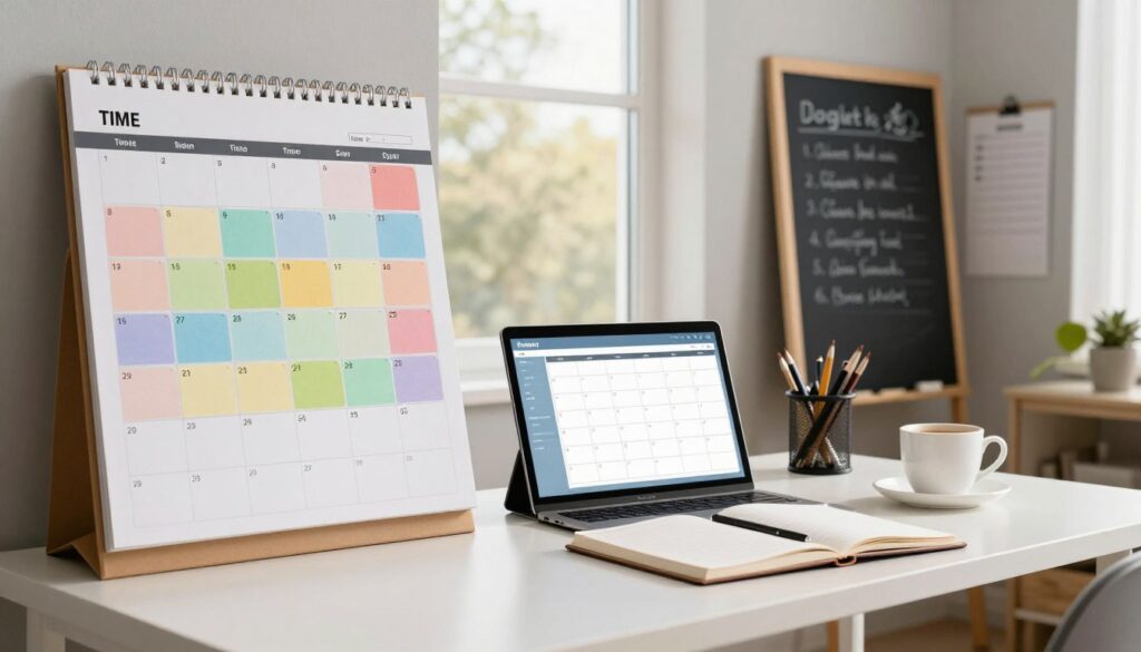 A neatly organized home office scene showcasing examples of time blocks for a typical workweek. In the foreground, a large wall calendar with color-coded blocks, neatly illustrating different time slots for tasks like meetings, project work, and breaks. On a clean desk sits a digital planner displaying a daily schedule alongside a cup of coffee. The middle ground features a chalkboard with handwritten goals and a checklist. The background shows a serene window view with soft, natural light streaming in, creating a warm, focused atmosphere. Use a wide-angle lens to capture the entire space, ensuring the overall mood is productive yet inviting, emphasizing a balance of work and rest.