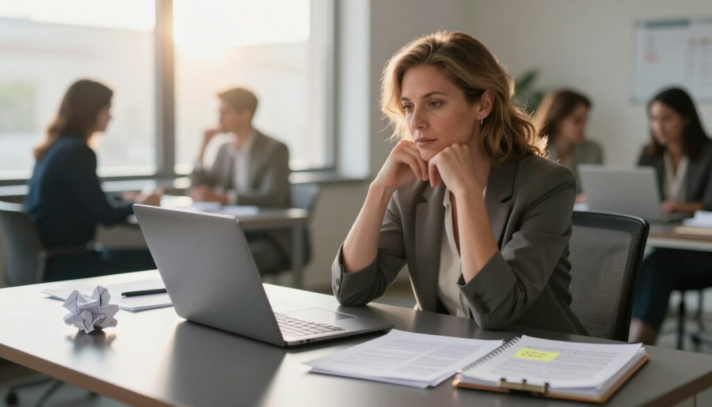 A professional office setting, depicting a confident and focused middle-aged woman seated at a sleek desk cluttered with papers and a laptop, illustrating her thoughtful reflection on lessons learned from past mistakes. In the foreground, a crumpled piece of paper symbolizes failure, while a notepad with encouraging notes shows her healthy response. The middle ground showcases a sunlit window, allowing warm, inviting natural light to illuminate the scene, creating an atmosphere of hope and growth. In the background, soft silhouettes of colleagues engaged in collaborative discussions suggest a supportive environment. The image is shot from a slightly lower angle to emphasize her determination and commitment to embracing learning through challenges, capturing a mood of resilience and empowerment in overcoming Imposter Syndrome.