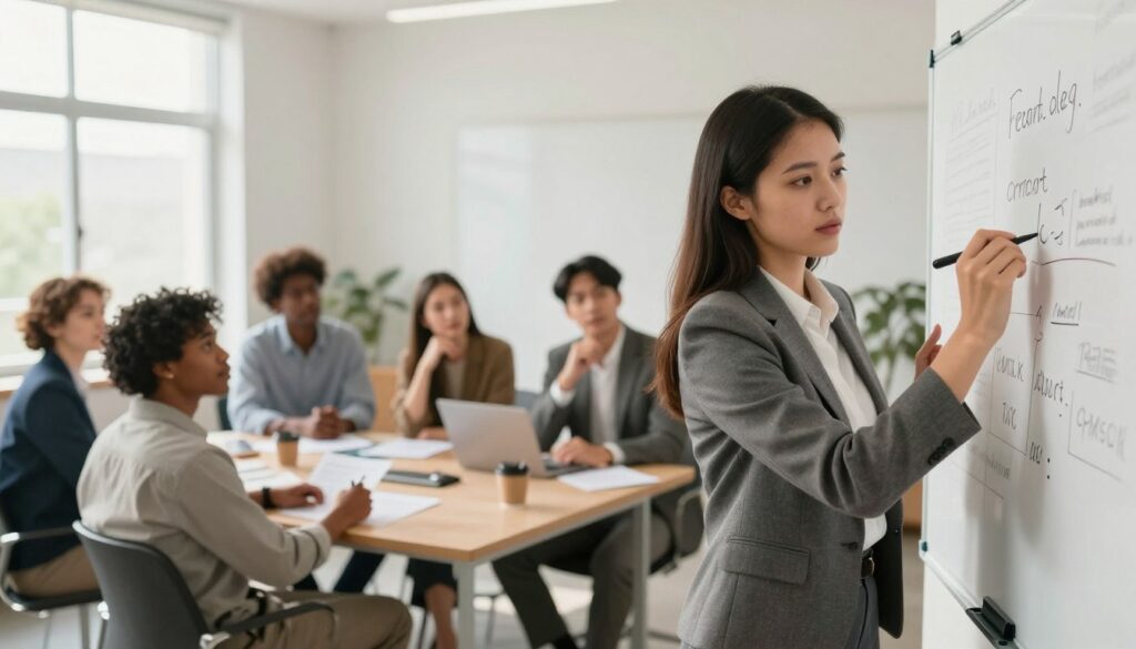 A serene office environment where a diverse group of professionals is engaged in a collaborative brainstorming session. In the foreground, a young woman in business attire is writing affirmations on a whiteboard, symbolizing the act of rewriting her internal script. Her expression is focused and determined, reflecting a transformation from fear to confidence. In the middle ground, diverse colleagues appear supportive, nodding in agreement, embodying teamwork and encouragement. The background features soft natural light streaming through large windows, illuminating the space with a warm atmosphere. The camera angle is slightly elevated, capturing the energy of the room while maintaining a professional, optimistic mood that aligns with the theme of overcoming imposter syndrome.