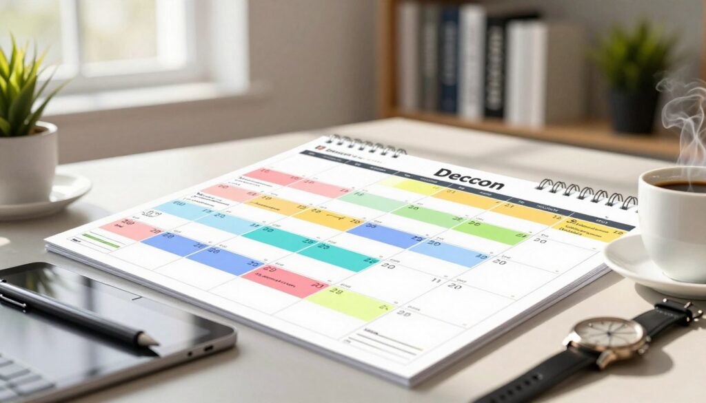 A vibrant, close-up view of a detailed calendar spread for a month, featuring neatly organized time blocks in various colors, symbolizing efficient time management methods. In the foreground, there's a sleek, modern desk with a digital tablet and stylus on one side, and a stylish watch next to a steaming coffee cup, indicating a busy professional atmosphere. The middle ground showcases the calendar filled with annotations and reminders, illuminated by soft, natural light from a window, creating a warm and productive mood. In the background, a bookshelf filled with business books and a green plant adds a touch of professionalism, enhancing the sense of focus. The overall composition conveys a sense of organization and peak performance, suitable for an inspiring work environment.