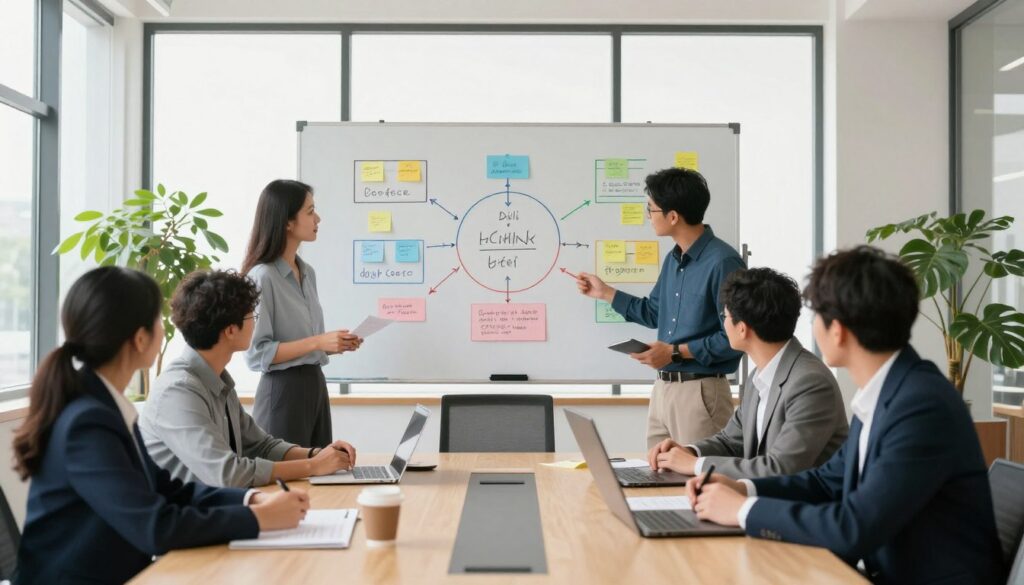 A visually engaging office setting with a modern conference table in the foreground, featuring diverse professionals in business attire collaborating over documents and digital devices. The middle layer showcases a large whiteboard filled with colorful diagrams and post-it notes representing different stages of decision-making. Bright, natural light streams in through large windows, illuminating the space and creating a warm, inviting atmosphere. In the background, tall plants add a touch of nature, enhancing the feeling of openness and creativity. The composition balances professionalism and teamwork, evoking a mood of inspiration and cooperation, ideal for conveying the importance of nurturing content throughout the decision-making process.