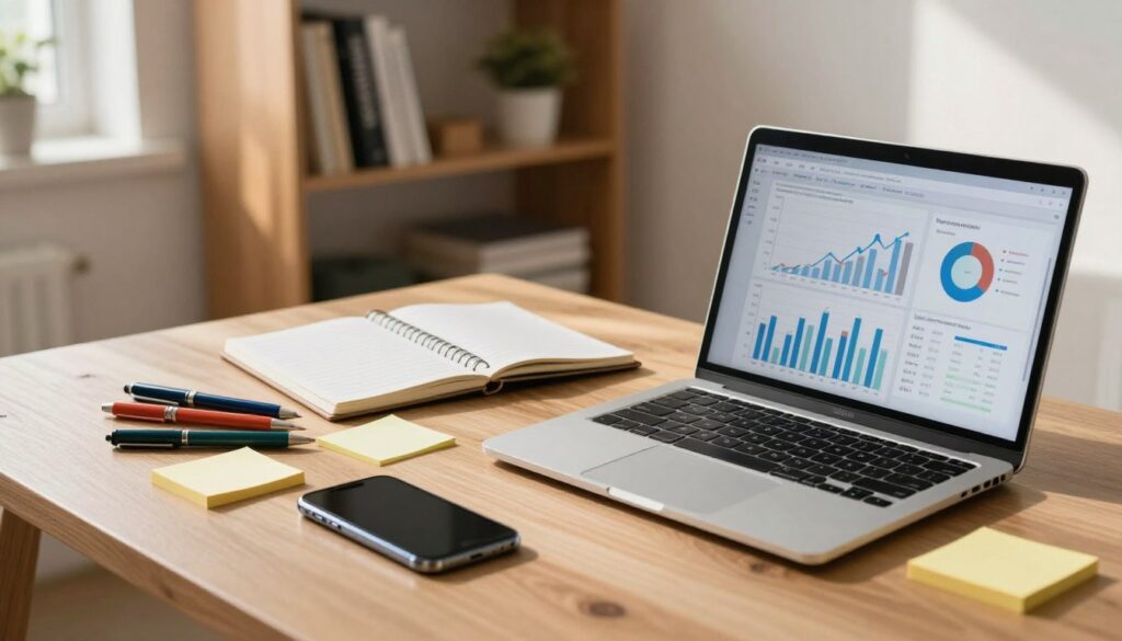 A well-organized workspace showcasing an array of professional tools for tracking behavior and communication. In the foreground, a sleek laptop displays data analytics graphs, alongside a modern smartphone and colorful sticky notes. In the middle, a wooden desk holds a high-quality notebook, pens of various colors, and a professional planner. The background features a soft focus bookshelf filled with business books and inspirational materials, enhancing the productive atmosphere. The overall lighting is warm and inviting, with natural light streaming through a nearby window, casting gentle shadows. The mood conveys professionalism, focus, and creativity, inspiring the viewer to harness the right tools for effective communication.